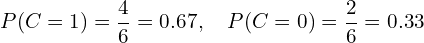 \[ P(C=1) = \frac{4}{6} = 0.67, \quad P(C=0) = \frac{2}{6} = 0.33 \]