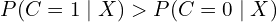 \[ P(C=1 \mid X) > P(C=0 \mid X) \]