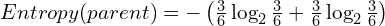Entropy(parent) = - \left(\frac{3}{6} \log_2 \frac{3}{6} + \frac{3}{6} \log_2 \frac{3}{6} \right)