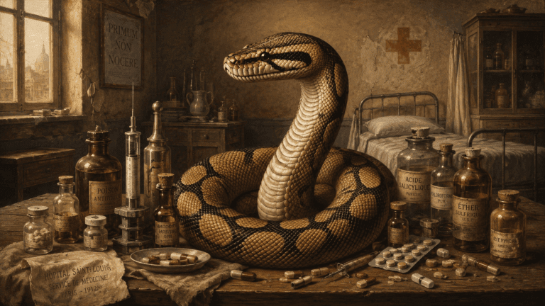A large coiled snake among antique medicines, syringes, and apothecary bottles in an early twentieth-century hospital ward.