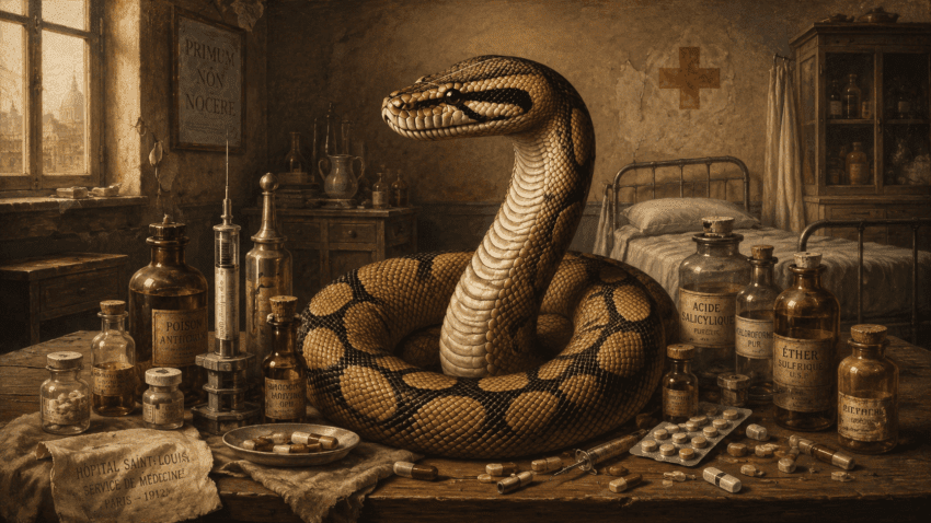 A large coiled snake among antique medicines, syringes, and apothecary bottles in an early twentieth-century hospital ward.