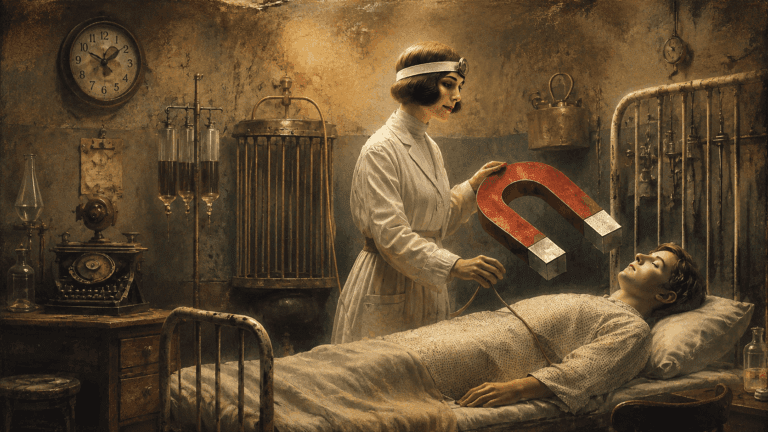 A nurse in an early 20th-century hospital ward holds a large horseshoe magnet over a patient lying in an iron bed, surrounded by vintage medical equipment.