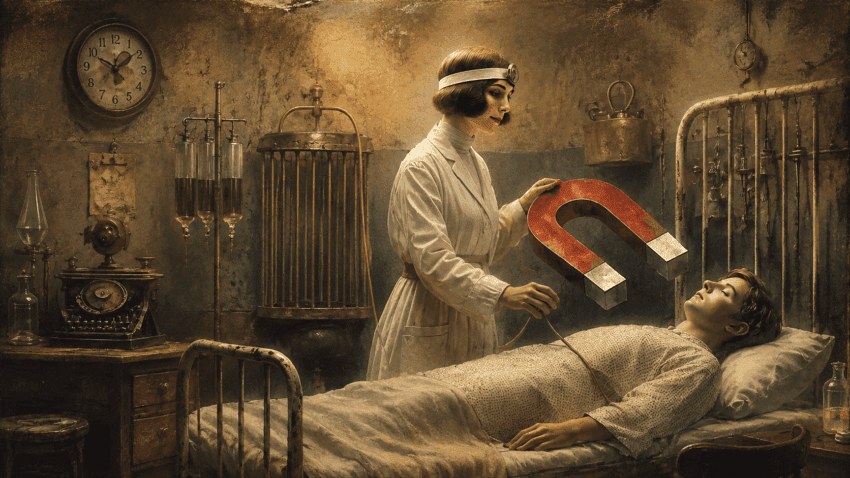 A nurse in an early 20th-century hospital ward holds a large horseshoe magnet over a patient lying in an iron bed, surrounded by vintage medical equipment.