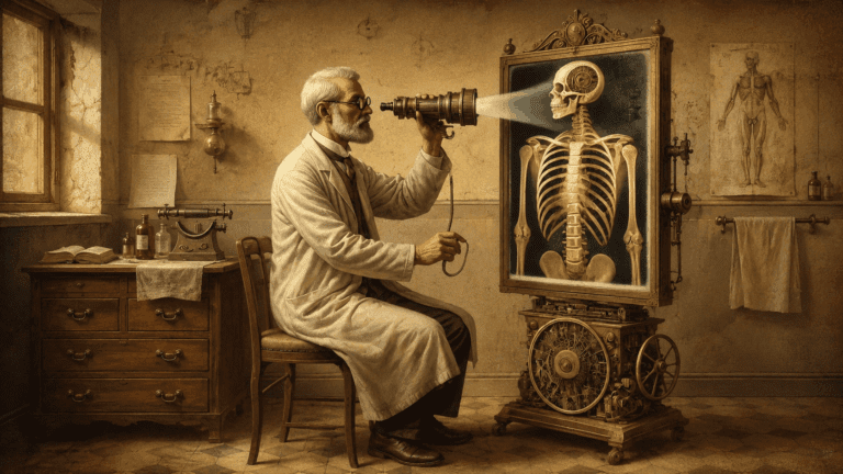 Early 20th-century physician using an optical device to examine an illuminated human skeleton in a vintage medical laboratory.