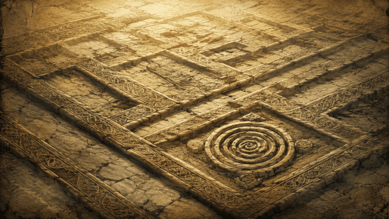 Ancient stone labyrinth with ornate carved pathways and a central spiral motif, illuminated by warm golden light.