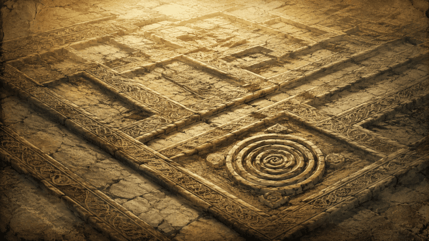 Ancient stone labyrinth with ornate carved pathways and a central spiral motif, illuminated by warm golden light.
