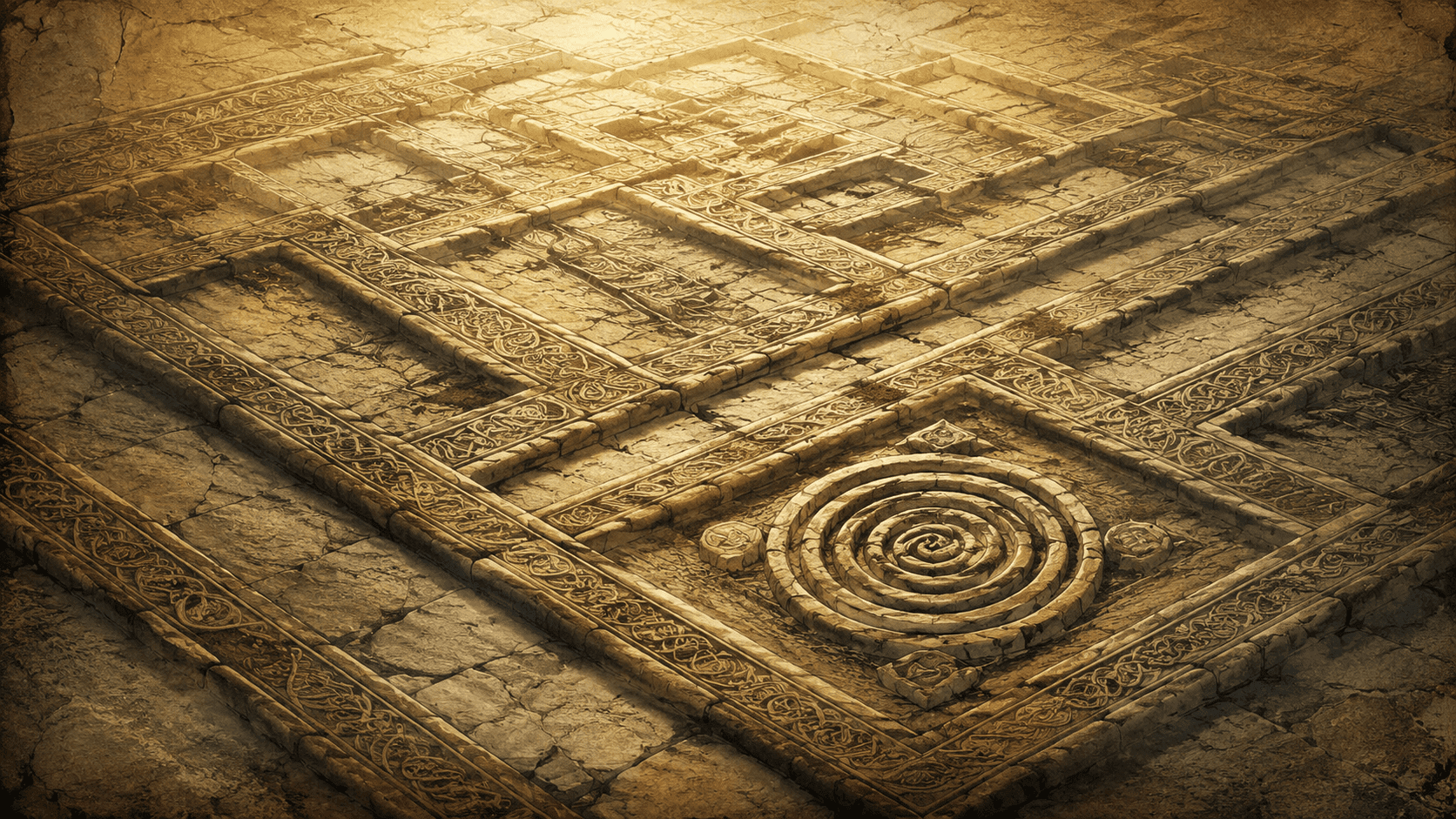 Ancient stone labyrinth with ornate carved pathways and a central spiral motif, illuminated by warm golden light.