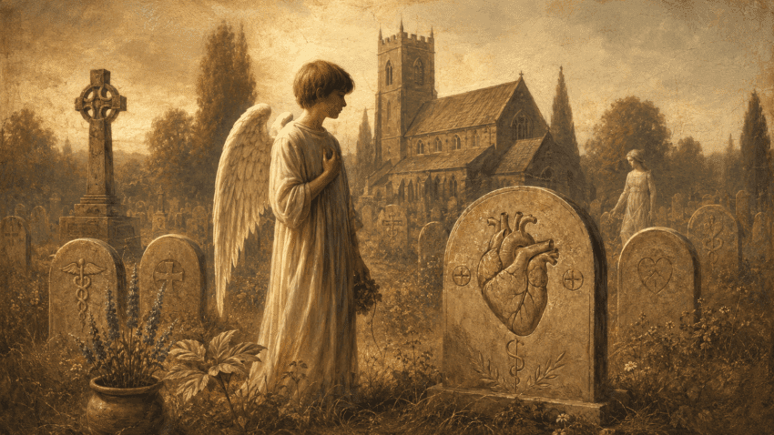 A winged child stands solemnly among medical-themed gravestones in a historic cemetery, with a stone church glowing in the background.