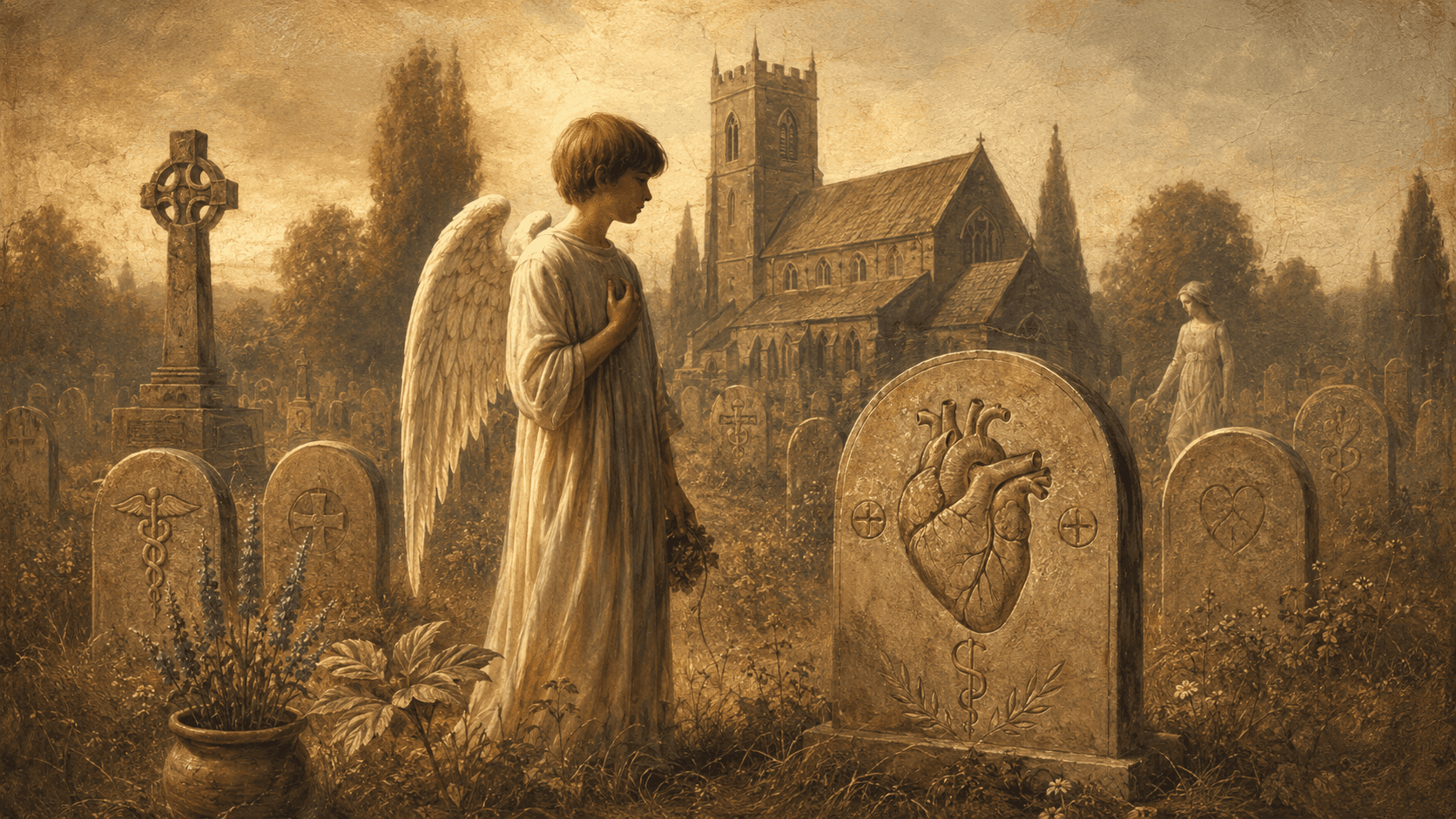 A winged child stands solemnly among medical-themed gravestones in a historic cemetery, with a stone church glowing in the background.