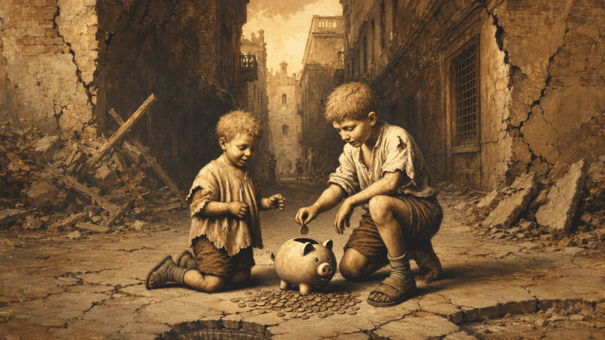 Two impoverished boys kneel in a war-damaged street, placing coins into a piggy bank amid rubble and crumbling buildings, in a warm sepia-toned historical painting style.