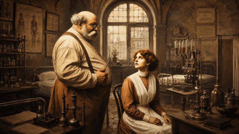 An elderly physician speaks with a seated young woman in an early 20th-century hospital room filled with antique medical instruments, iron beds, glass bottles, and warm sepia light.