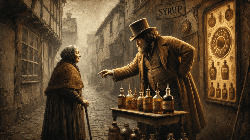 An elderly woman with a cane speaks to a bearded street medicine vendor beside a table of amber bottles in a misty, early 20th-century cobblestone alley.
