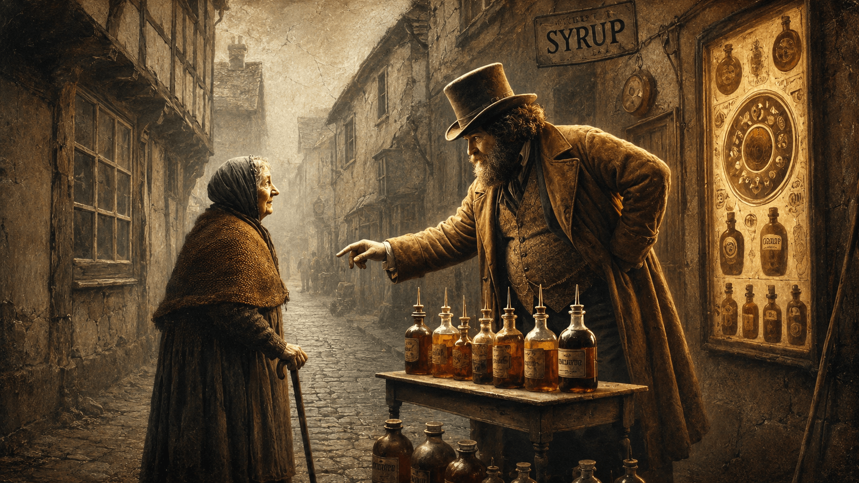 An elderly woman with a cane speaks to a bearded street medicine vendor beside a table of amber bottles in a misty, early 20th-century cobblestone alley.