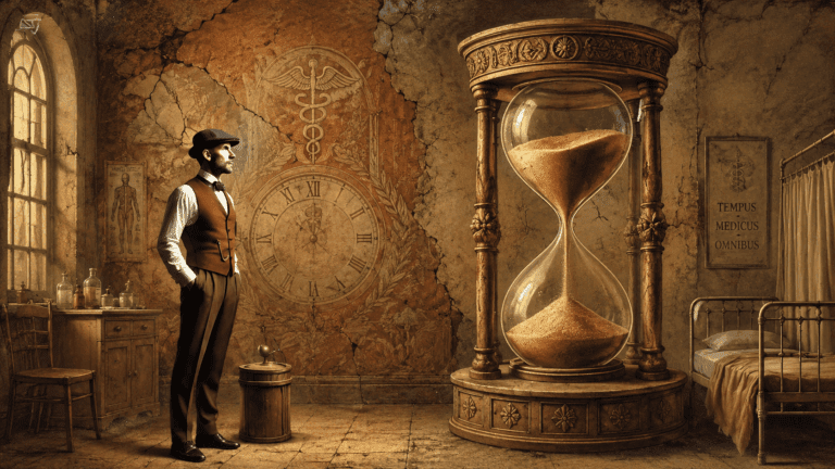 A man in early 20th-century clothing stands beside a monumental hourglass in an old hospital room, surrounded by faded medical symbols, a large clock mural, and an iron bed.