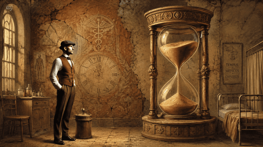A man in early 20th-century clothing stands beside a monumental hourglass in an old hospital room, surrounded by faded medical symbols, a large clock mural, and an iron bed.