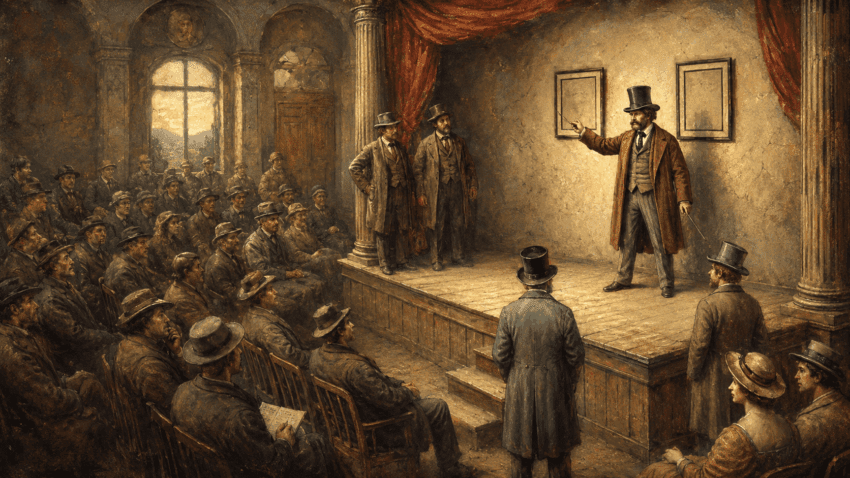 A lecturer in formal early 20th-century dress stands on a small stage addressing a seated audience in a historic hall, rendered as a warm sepia-toned painterly illustration with columns, red drapery, and soft antique light.