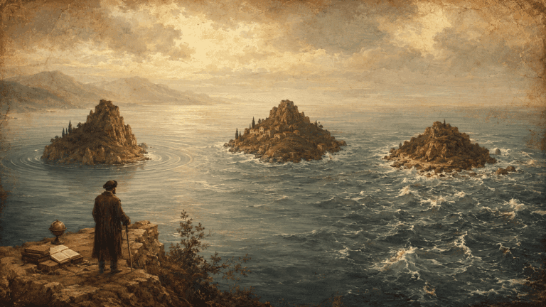 A wide, painterly vintage seascape shows a solitary scholar standing on a rocky cliff beside books and a globe, looking out over three small islands in the sea. The islands are clearly separated, while the waters around them vary from calm and circular to rough and turbulent, creating a poetic visual metaphor for comparison and variation.