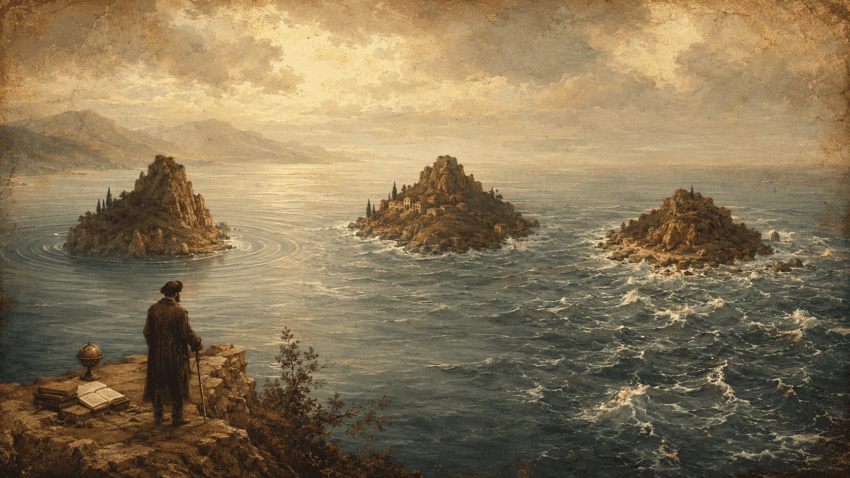 A wide, painterly vintage seascape shows a solitary scholar standing on a rocky cliff beside books and a globe, looking out over three small islands in the sea. The islands are clearly separated, while the waters around them vary from calm and circular to rough and turbulent, creating a poetic visual metaphor for comparison and variation.