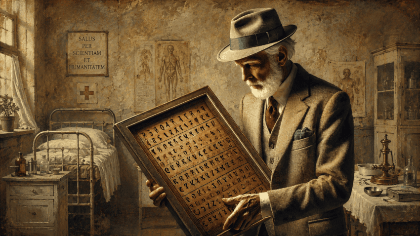 Elderly bearded man in early 20th-century attire examines a framed tablet covered with archaic symbols inside a worn hospital ward, surrounded by an iron bed, anatomical charts, glass bottles, and antique medical instruments.
