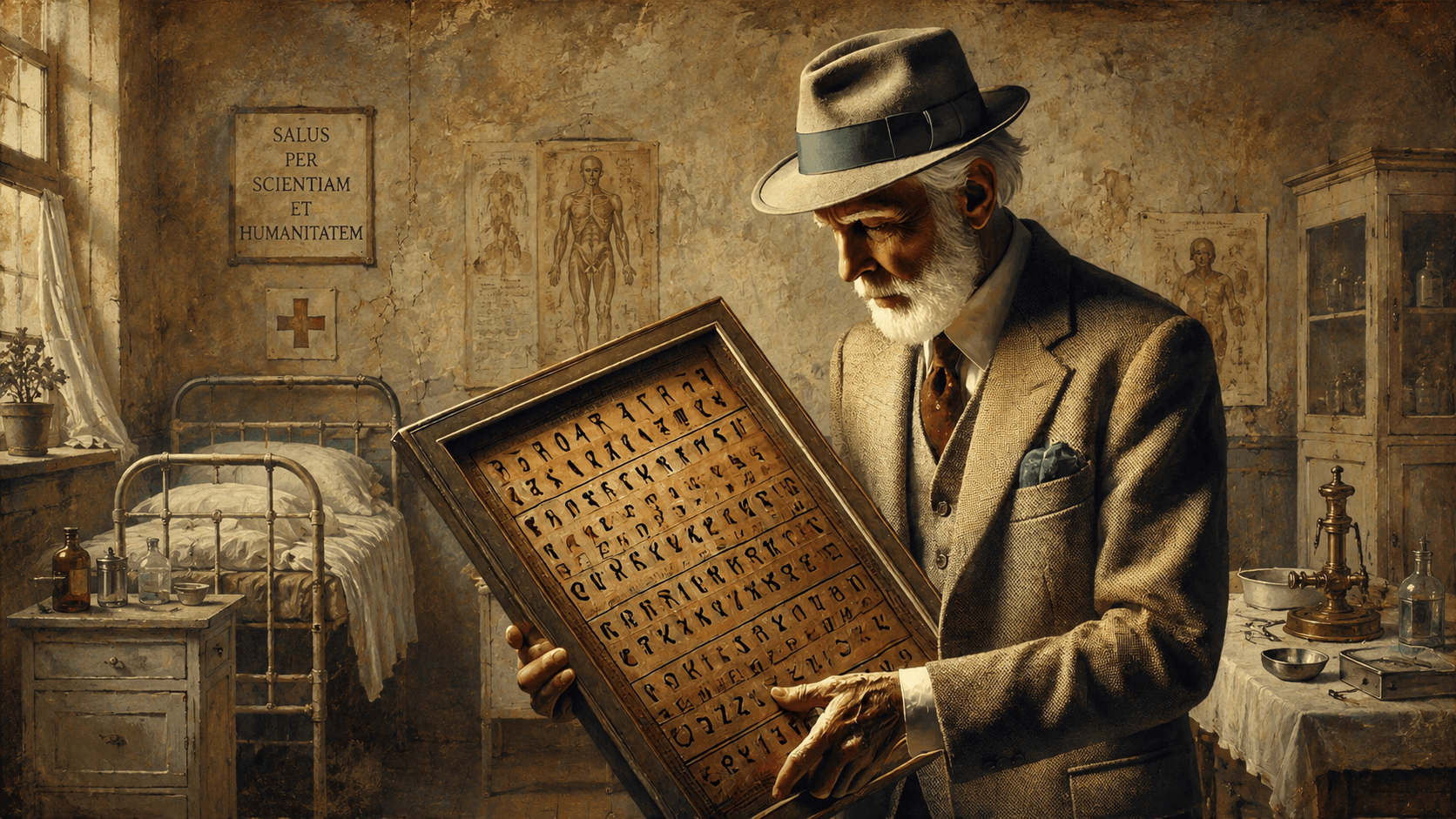 Elderly bearded man in early 20th-century attire examines a framed tablet covered with archaic symbols inside a worn hospital ward, surrounded by an iron bed, anatomical charts, glass bottles, and antique medical instruments.