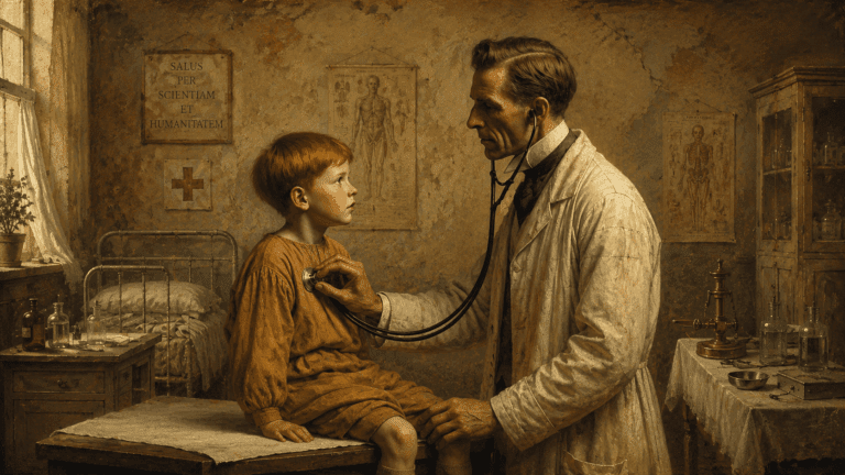 Vintage-style illustration of a doctor in a white coat examining a red-haired child with a stethoscope in an early 20th-century hospital ward, with an iron bed, anatomical charts, bottles, and worn walls in the background.