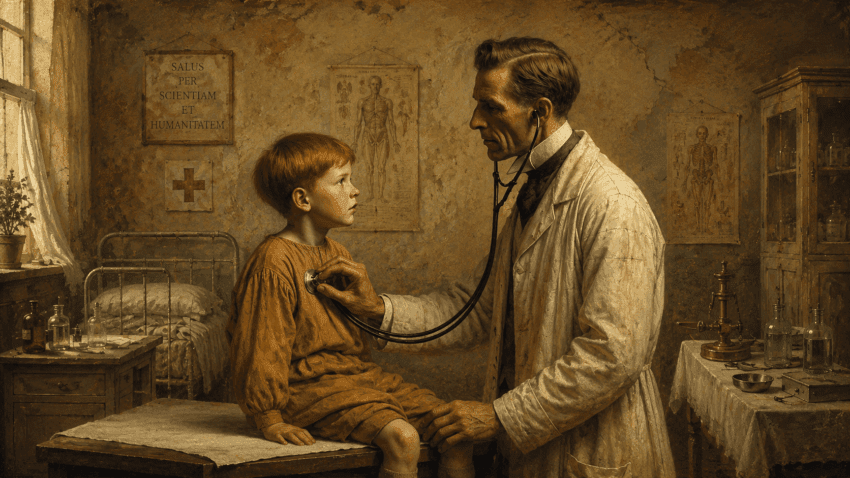 Vintage-style illustration of a doctor in a white coat examining a red-haired child with a stethoscope in an early 20th-century hospital ward, with an iron bed, anatomical charts, bottles, and worn walls in the background.