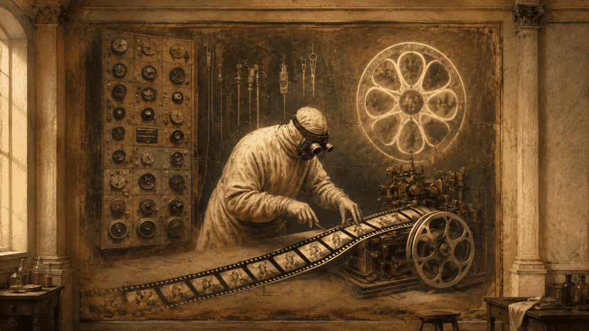 A masked technician in an early 20th-century laboratory examines a long strip of medical film beside a large mechanical projector, surrounded by analog control panels, surgical instruments, and a glowing circular image on the wall.