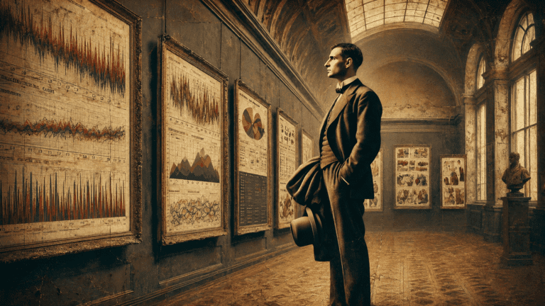 A formally dressed man in early 20th-century attire stands in a grand, softly lit gallery, studying large framed charts and illustrated panels, with vaulted ceilings, tall windows, and a warm sepia-toned historical atmosphere.