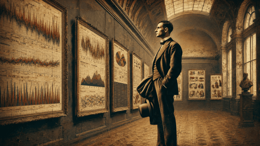 A formally dressed man in early 20th-century attire stands in a grand, softly lit gallery, studying large framed charts and illustrated panels, with vaulted ceilings, tall windows, and a warm sepia-toned historical atmosphere.