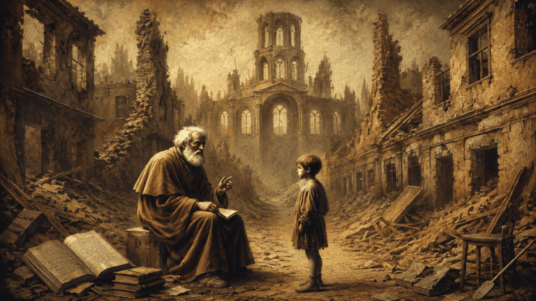 An elderly bearded scholar sits among open books in the ruins of a devastated city, speaking to a young boy as a crumbling cathedral rises in the background.