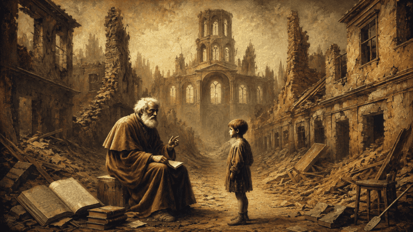 An elderly bearded scholar sits among open books in the ruins of a devastated city, speaking to a young boy as a crumbling cathedral rises in the background.
