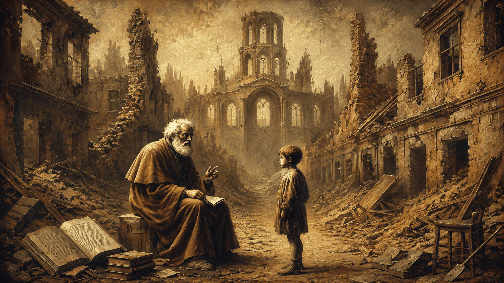 An elderly bearded scholar sits among open books in the ruins of a devastated city, speaking to a young boy as a crumbling cathedral rises in the background.