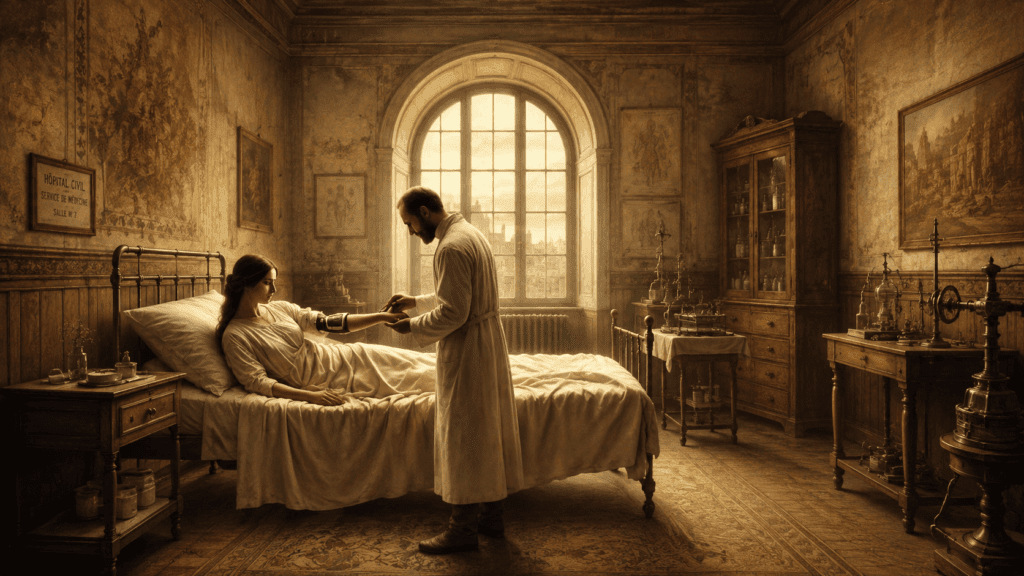 A physician in a white coat examines the arm of a young woman resting in an iron hospital bed, surrounded by antique medical instruments in a warmly lit early 20th-century ward.