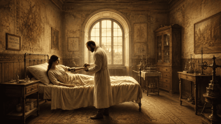 A physician in a white coat examines the arm of a young woman resting in an iron hospital bed, surrounded by antique medical instruments in a warmly lit early 20th-century ward.