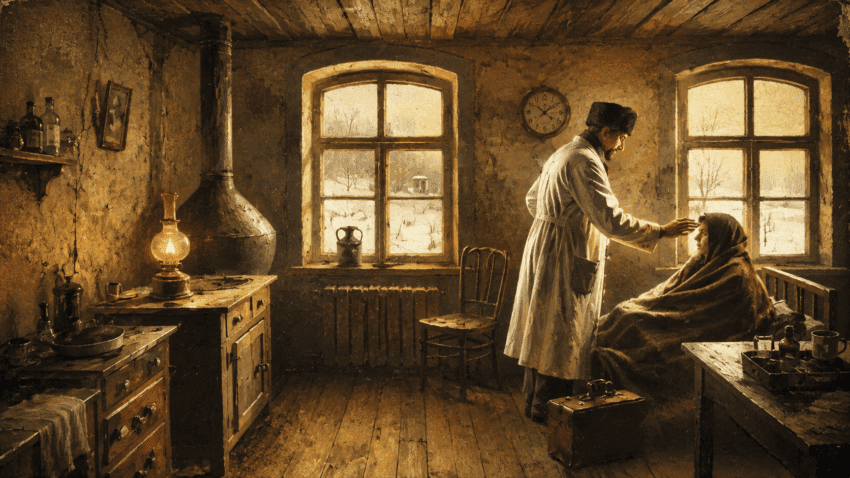 Early 20th-century doctor in a white coat examines a seated woman wrapped in a blanket inside a modest rural clinic, with wooden furniture, medicine bottles, an oil lamp, and snow-covered windows.