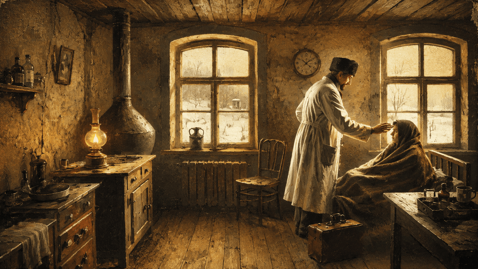 Early 20th-century doctor in a white coat examines a seated woman wrapped in a blanket inside a modest rural clinic, with wooden furniture, medicine bottles, an oil lamp, and snow-covered windows.