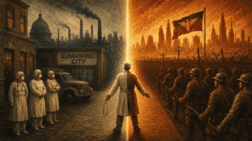 A physician stands on a glowing divide between two opposing worlds: a dark quarantined industrial city with masked medical staff on one side, and a fiery militarized landscape with rows of soldiers and an authoritarian flag on the other.