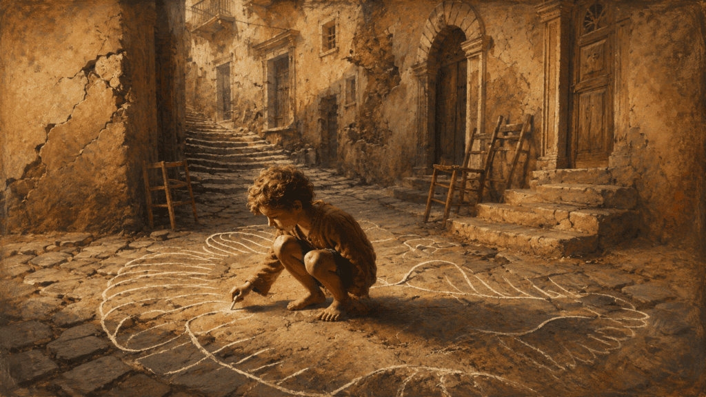 A barefoot child crouches in a warm, painterly old stone alley, drawing a large bird with white chalk amid cracked ochre walls, wooden chairs, arched doorways, and rising steps.