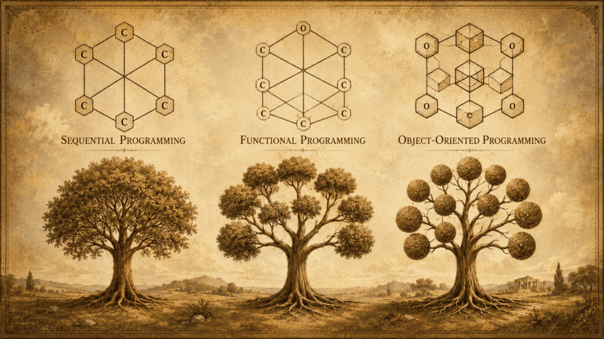 Vintage sepia-toned illustration comparing sequential, functional, and object-oriented programming through three network diagrams above three differently structured trees in an antique educational poster style.