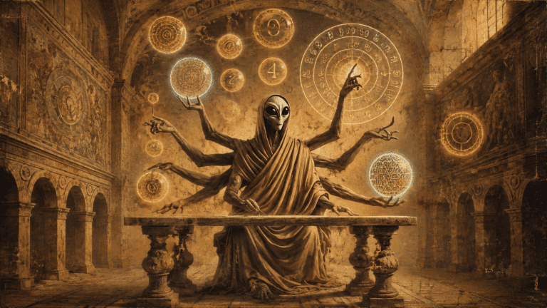 A robed, multi-armed humanoid figure sits behind a stone table in a grand vaulted hall, surrounded by glowing circular symbols and astrological diagrams, creating a mystical, sepia-toned scene with an antique fresco-like atmosphere.