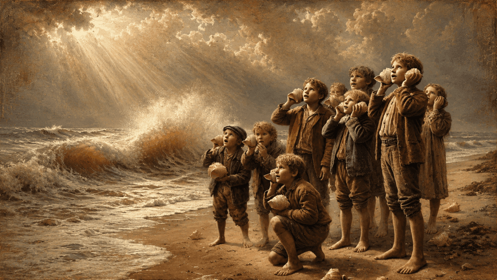 A group of barefoot children in worn old-fashioned clothes stands on a stormy beach, holding seashells to their ears as they gaze toward the sea and dramatic rays of sunlight breaking through heavy clouds above crashing waves.