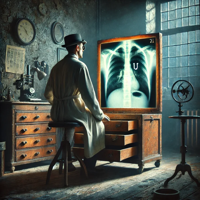 A doctor examines an X-ray on a light box with a U inscribed on it