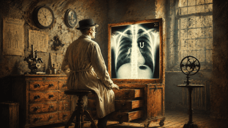 A physician in an early 20th-century radiology room examines a chest X-ray displayed on an illuminated viewing panel, surrounded by vintage medical equipment.