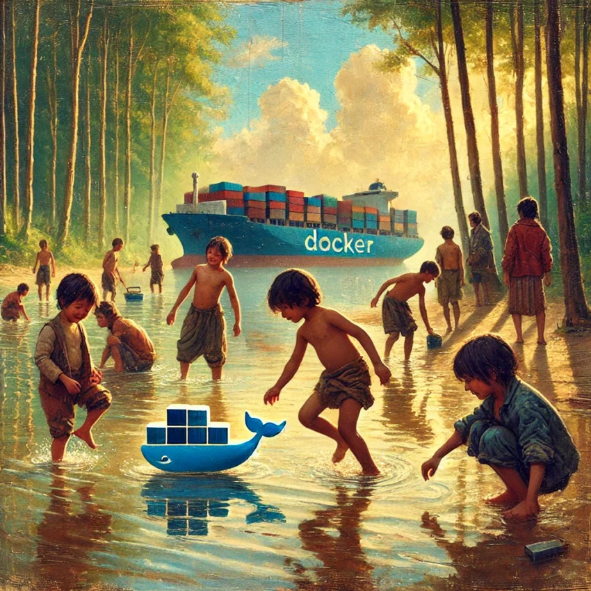 Children playing on a river with Docker-themed boats