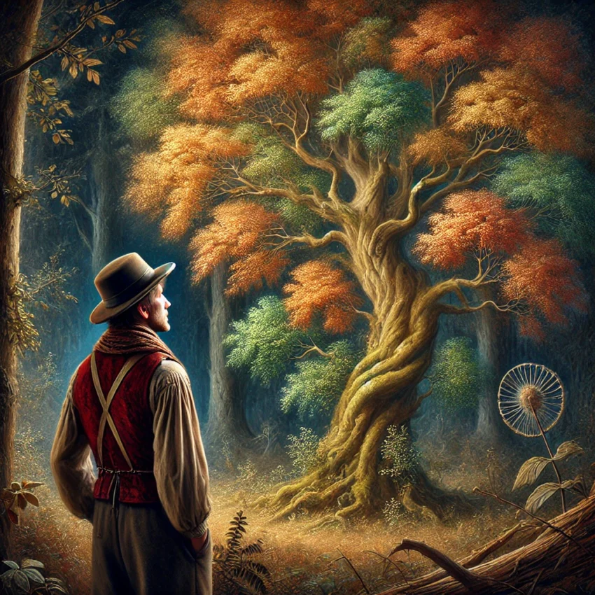 An elderly man contemplates the branching structure of a tree