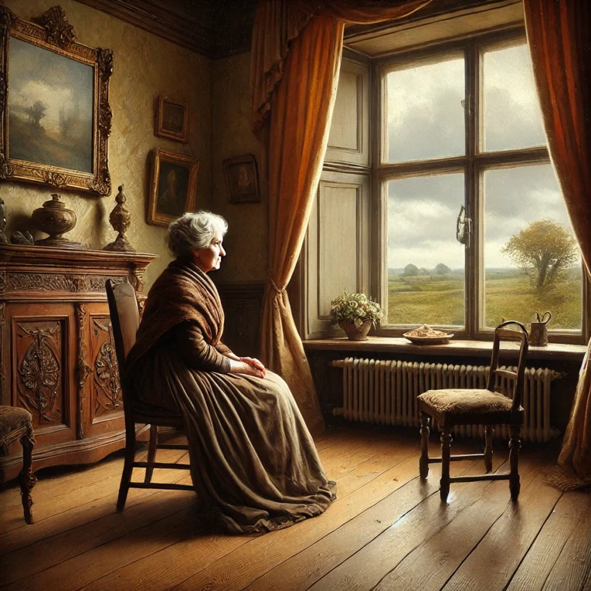 An elderly woman, lost in thought, gazing out the window
