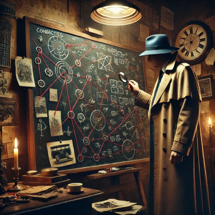 An investigator carefully studies mathematical formulas on a blackboard through a magnifying glass