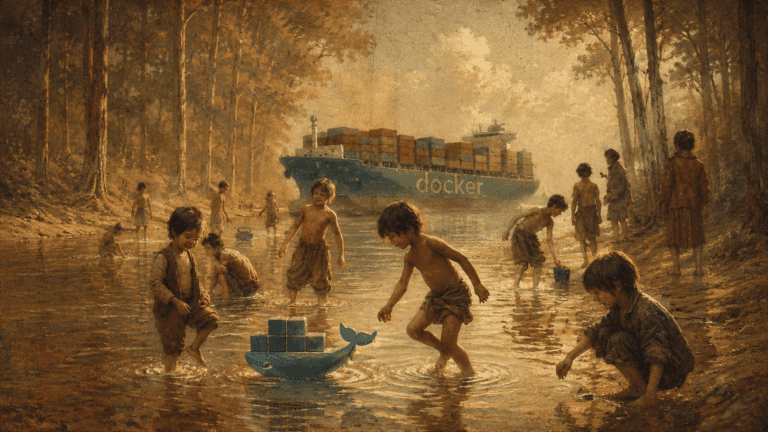 Children splash and play in a shallow forest river around a bright blue whale-shaped toy boat, while a large container ship labeled “docker” looms in the background, all rendered in a warm, nostalgic painterly style.