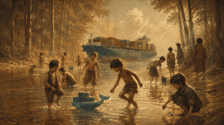 Children splash and play in a shallow forest river around a bright blue whale-shaped toy boat, while a large container ship labeled “docker” looms in the background, all rendered in a warm, nostalgic painterly style.