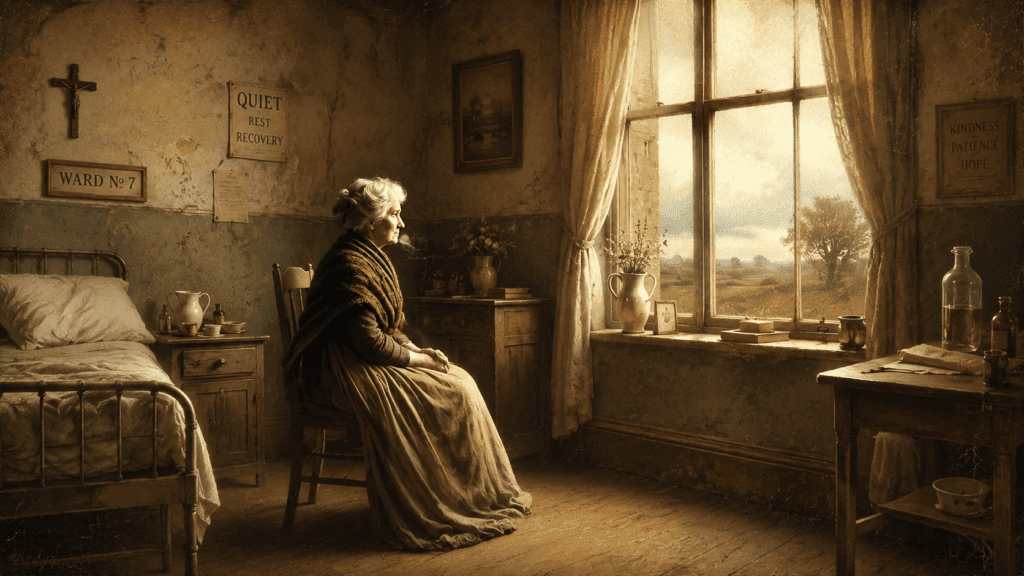 An elderly woman sits quietly on a wooden chair beside an iron hospital bed, gazing out a sunlit window in a softly lit early 20th-century convalescent room filled with worn furniture, simple bottles, and a calm, reflective atmosphere.